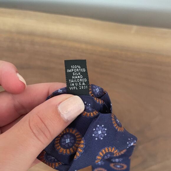 IKE BEHAR Neck Tie Orange NavyFloral Geometric Woven 100% Silk Hand Tailored USA - Picture 3 of 5
